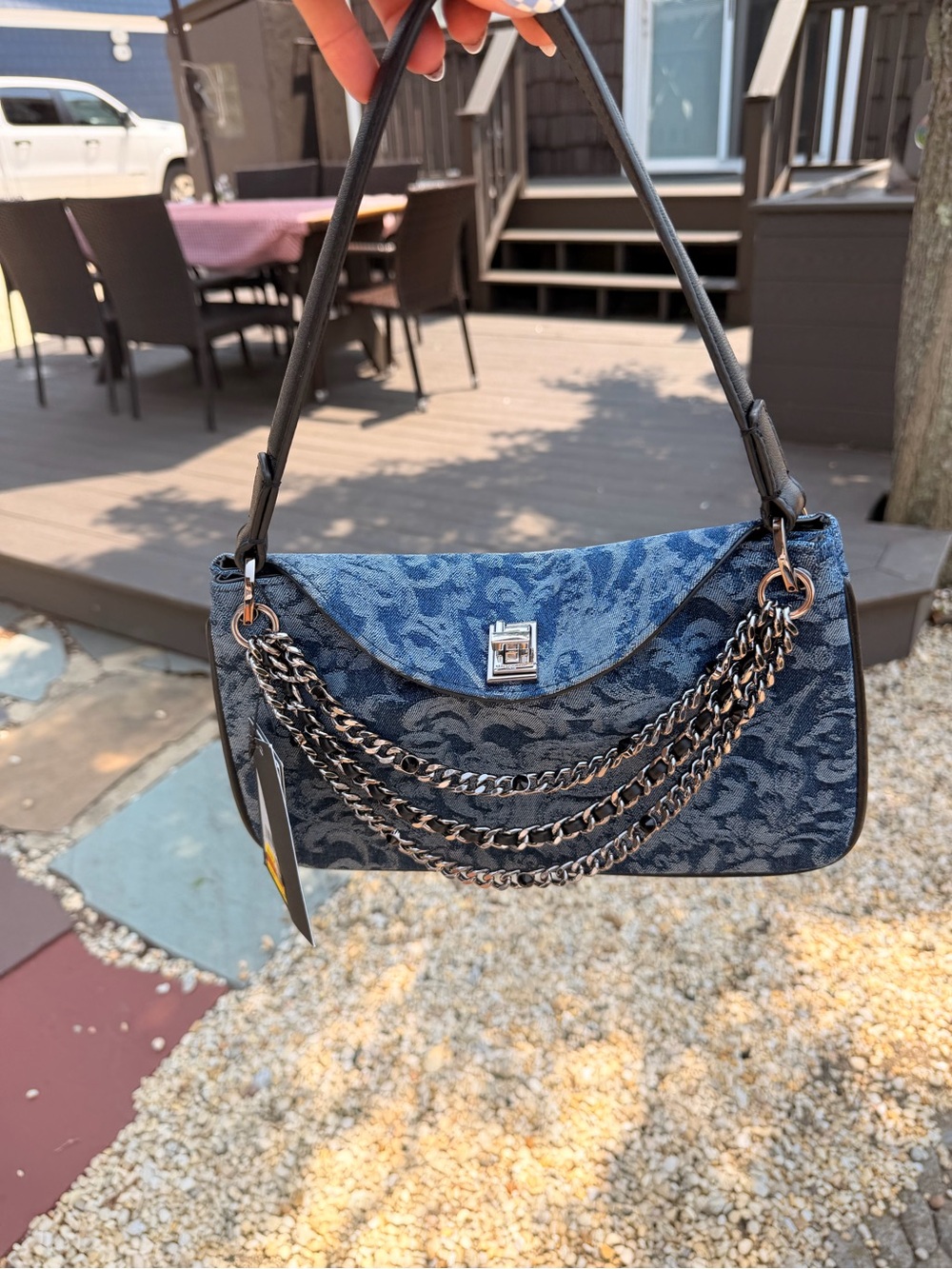 Karl Lagerfeld Blue Jacquard Chain-Detail Shoulder & Cross body